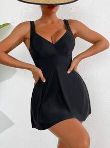 SHEIN Swim Solid Color Heart Shaped Neckline Stylish Summer Beach Tankini Dress - Black - View 1