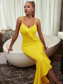 ADYCE V-Neck Ruffle Hem Slit Spaghetti Strap Party Prom Dress - Yellow - View 6