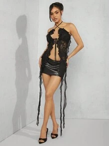 Hauture Solid Draped Ruffle Tie Cross Halter Sexy Top For Summer Party - Black - View 4