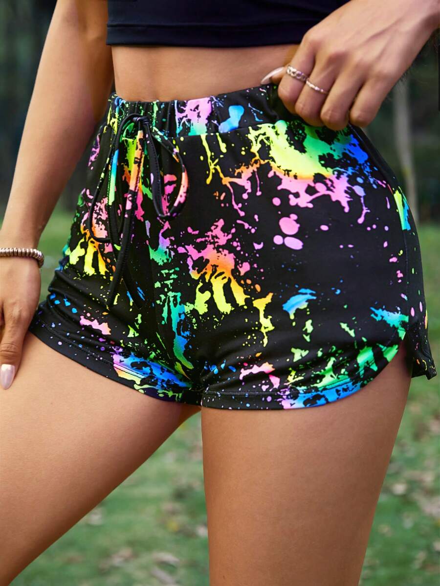 SHEIN EZwear Ink Splatter Colorful Print Drawstring Women Shorts - Multicolor - View 1