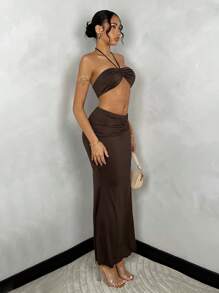 SHEIN BAE 1Bộ Áo ba lỗ rút dây phong cách nghỉ mát mùa hè cho nữ + Chân váy Maxi nhún bèo viền đuôi cá - Cà phê nâu - Xem 3