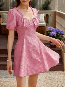 Chiquease 3D Textured Fabric Dress Featuring A Sweetheart Neckline Or Square Neckline, Puff Sleeves, A-Line Dress, Open Back And Tie Back Design For Women - Pink - View 1