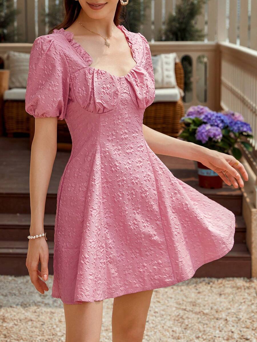 Chiquease 3D Textured Fabric Dress Featuring A Sweetheart Neckline Or Square Neckline, Puff Sleeves, A-Line Dress, Open Back And Tie Back Design For Women - Pink - View 1