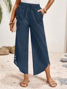 SHEIN LUNE Linen Solid Color Simple Daily Women\ Long Pants - Navy Blue - View 5