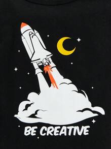 嬰兒男童貼身睡衣套裝，火箭印花圓領上衣和長褲 - 黑色 - 查看 8