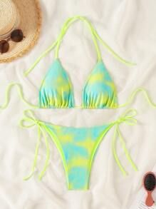 SHEIN Swim 夏季沙灘條紋露背胸墊比基尼套裝 - 彩色 - 查看 1