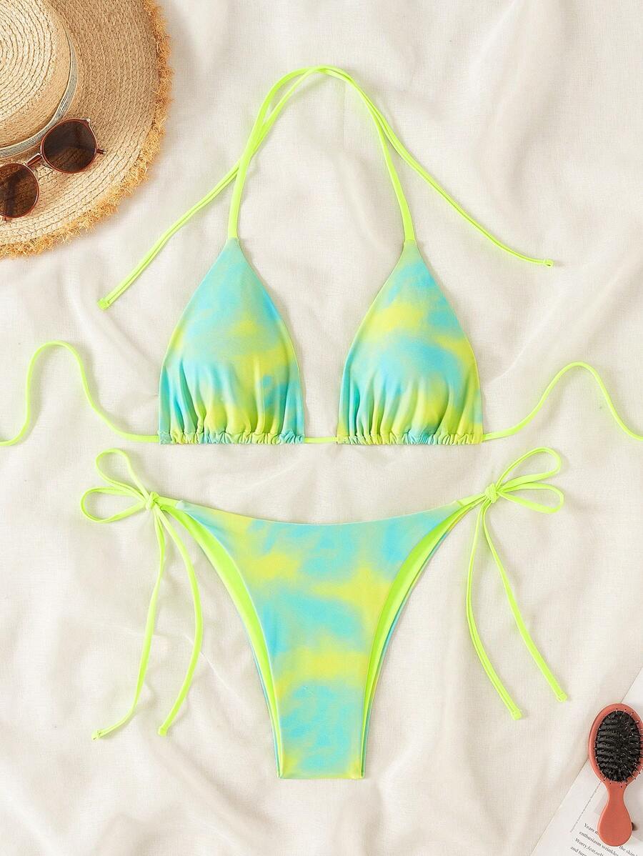 SHEIN Swim 夏季沙灘條紋露背胸墊比基尼套裝 - 彩色 - 查看 1