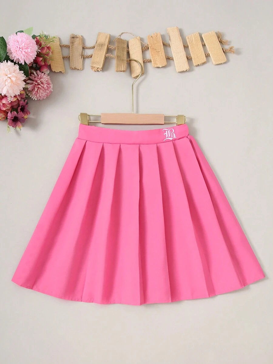 Falda plisada casual bordada con letra para niñas de entre 8 y 14 años para primavera/verano - Rosa Fucsia - Ver 1