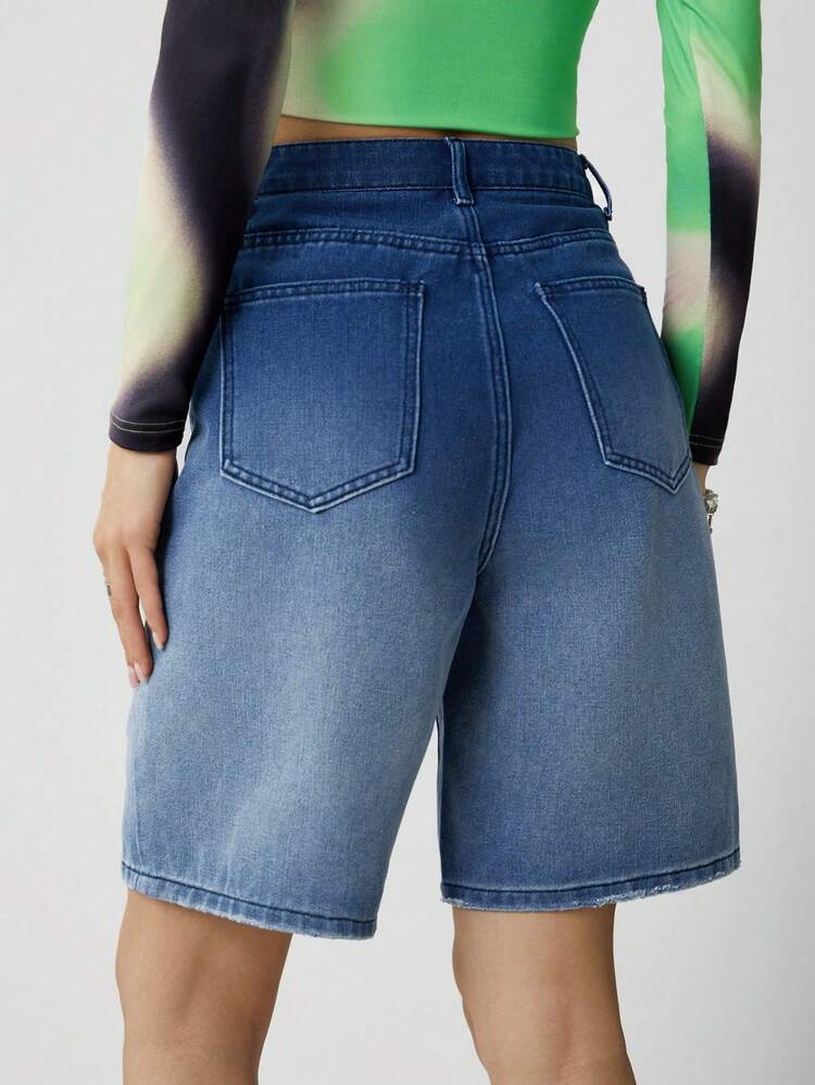 Women Solid Color Distressed Denim Shorts With Pockets And Buttons
