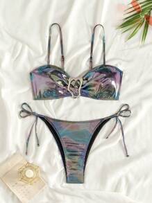 SHEIN Swim 细肩带拼色比基尼套装，带圆环装饰，非常适合夏季度假海滩穿着 - 黑色 - 查看 5