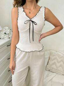 撞色装饰蝴蝶结背心和阔腿裤女士睡衣套装/睡衣套装，休闲装