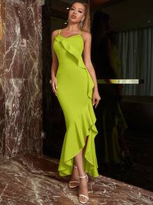 ADYCE V-Neck Ruffle Hem Slit Camisole Party Dress - Green - View 5