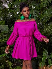 Slaydiva New Short Off Shoulder Lantern Sleeve Solid Color Dress With Drawstring Waist And Pocket Details - S