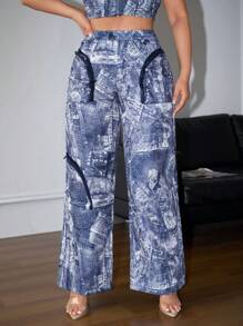 SHEIN SXY x STAS Ladies' Denim Effect Water Printed Zipper Detail Pants - Multicolor - View 4