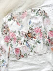 SHEIN Dreamara Vacation Floral Print Long Sleeve Shirt With Ruffle Trim