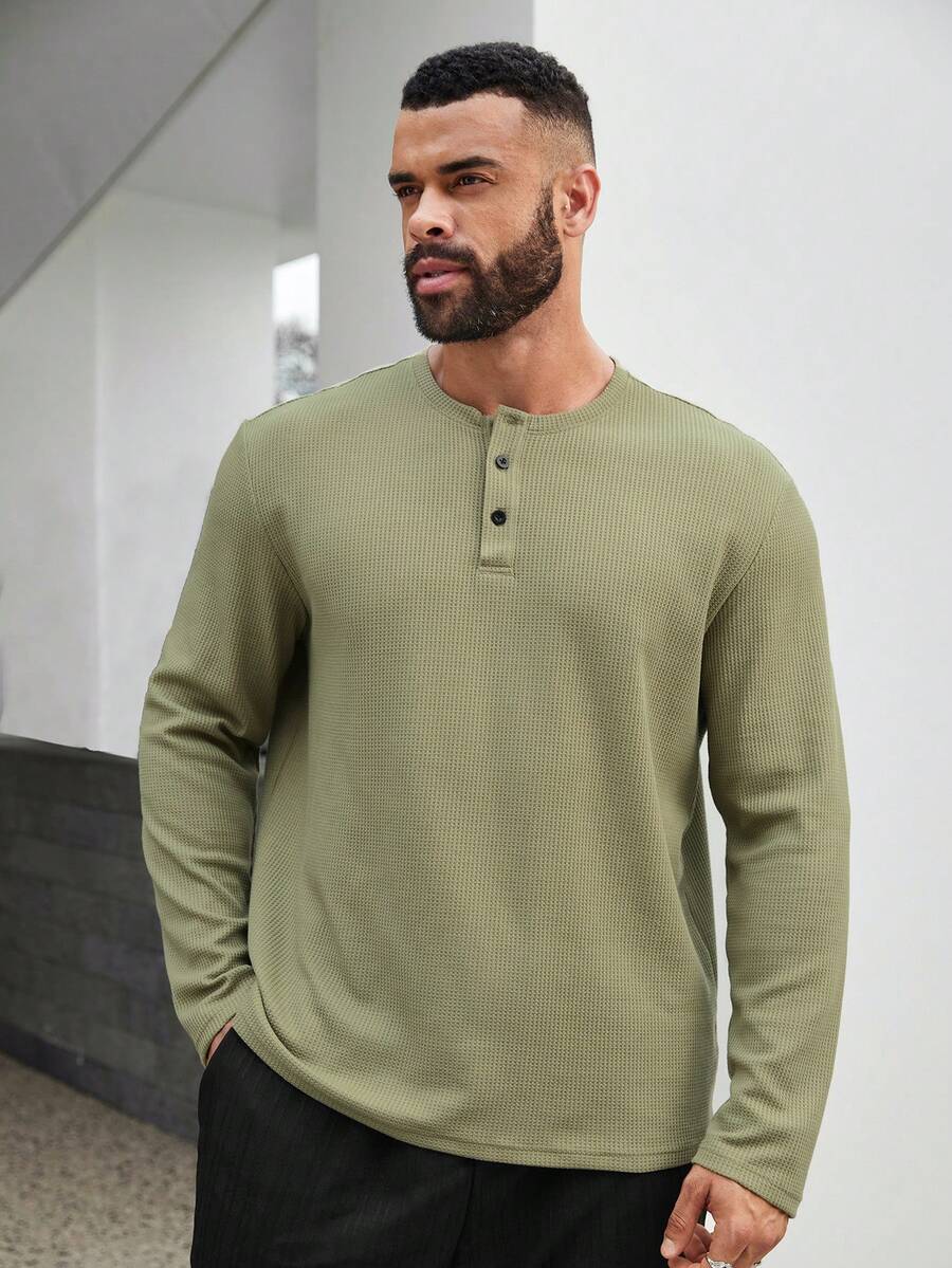 Manfinity Homme 男款加大尺碼圓領純色休閒長袖Polo衫 - 綠色 - 查看 1