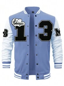 Manfinity Campus Court 男士字母植绒条纹饰边落肩运动夹克，外出街头装棒球长袖拼色夹克，适合朋友、丈夫、男朋友的礼物 - 淺藍色 - 查看 4