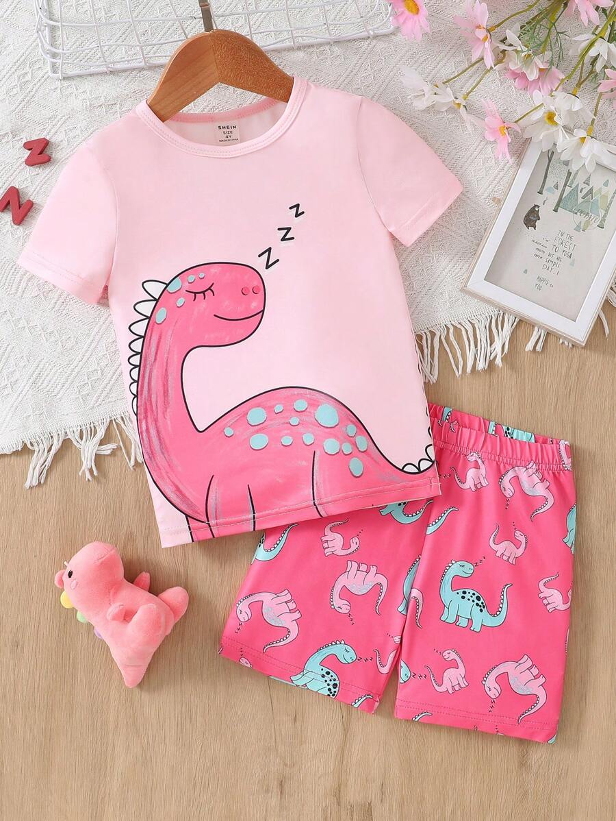 SHEIN 年轻女孩可爱卡通恐龙图案舒适合身圆领 T 恤和短裤休闲睡衣套装 - 粉色 - 查看 1