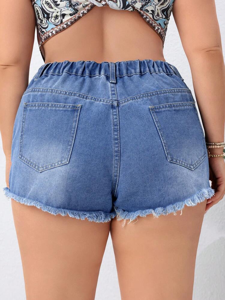 Plus Size Women Plain Casual Washed Ripped Denim Shorts