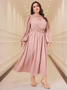 Modelyn Plus Size Women\ Belt Decorated Hollow Out Elegant Dress - Pink - View 8