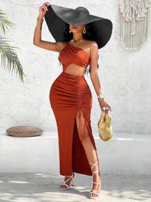 AIJ Robe de vacances pour femmes Amarilo, sexy, à une épaule, avec torsade, ajourée, plissée et fendue haute - Tabac - Voir 4