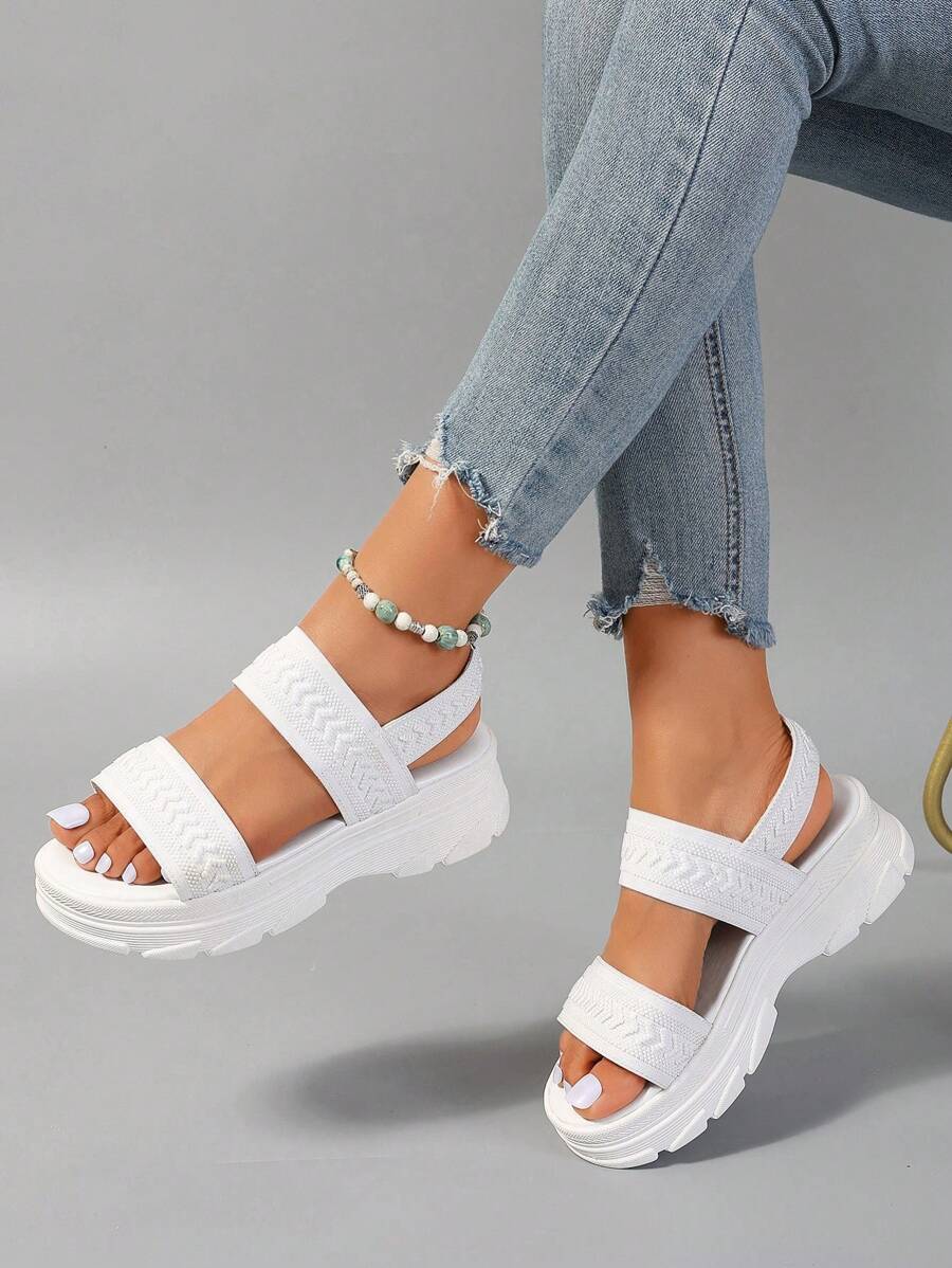 女士休閒厚底坡跟涼鞋，帶彈力帶子