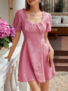 Chiquease 3D Textured Fabric Dress Featuring A Sweetheart Neckline Or Square Neckline, Puff Sleeves, A-Line Dress, Open Back And Tie Back Design For Women - Pink - View 3