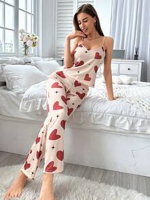 Women Heart Printed Camisole And Long Pants Pajama Set