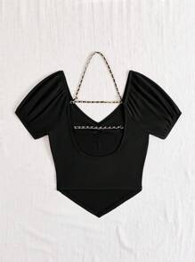 SHEIN Privé T-shirt serré noir à manches bouffantes et à dos ouvert, détail de chaîne pour femmes - Noir - Voir 7