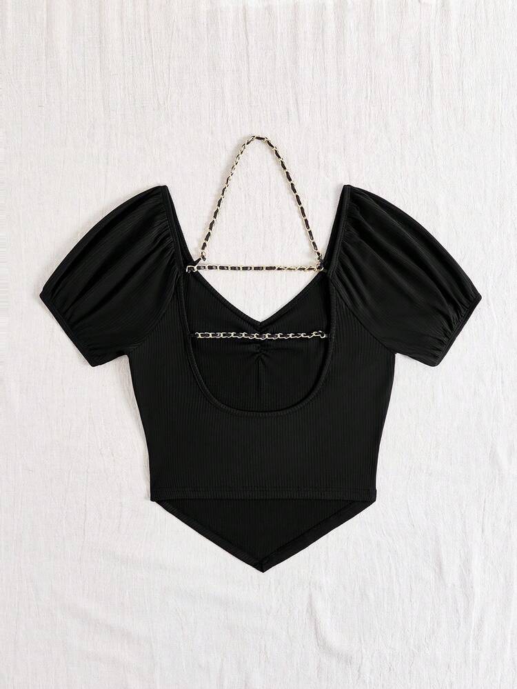 Women Black Chain Detail Open Back Bubble Sleeve Tight T-Shirt