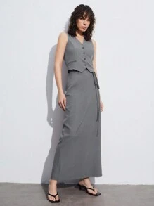 BizChic Ensemble jupe mi-longue et gilet à col V élégant et boutonnage simple pour femmes. Style romantique, polyvalent, décontracté chic, convenant pour les trajets quotidiens, le style vintage, la tenue de bureau, l'uniforme d'enseignant