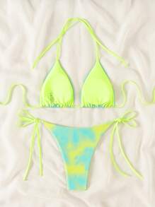 SHEIN Swim 夏季沙灘條紋露背胸墊比基尼套裝 - 彩色 - 查看 2