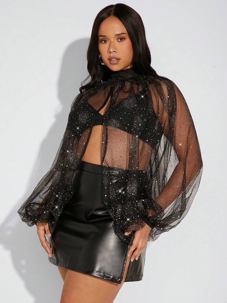 Plus Size Glitter Lantern Sleeve Open Top