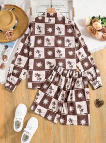 Teen Girl Vacation Printed Long Sleeve Shirt And Shorts Two-Piece Set - Brown - View 2