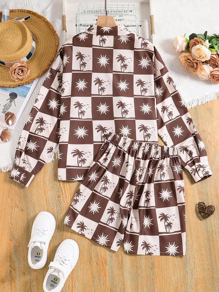 Teen Girl Vacation Printed Long Sleeve Shirt And Shorts Two-Piece Set
