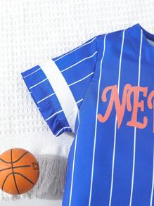 SHEIN 少女街頭風條紋襯衫，印有英文字母，適合戶外街舞、夏季穿著 - 藍色 - 查看 5