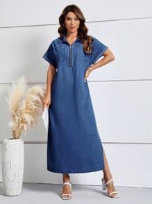 EMERY ROSE Ladies" Casual Spring/Summer Long Denim Dress With Front Zipper, Batwing Sleeves And Side Slits - Medium Wash - View 1