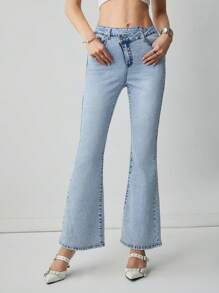 SHEINNeu Women Asymmetric Waist Flared Jeans With Pockets - Baby Blue - View 5