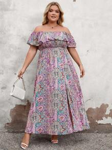 SHEIN LUNE Vestido de hombros descubiertos con dobladillo con volantes para mujer de talla grande con estampado aleatorio - Morado - Ver 5