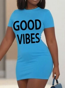 SHEIN LUNE Đầm Bodycon tay ngắn cỡ lớn có in chữ cho mùa hè - Màu xanh lam - Xem 1