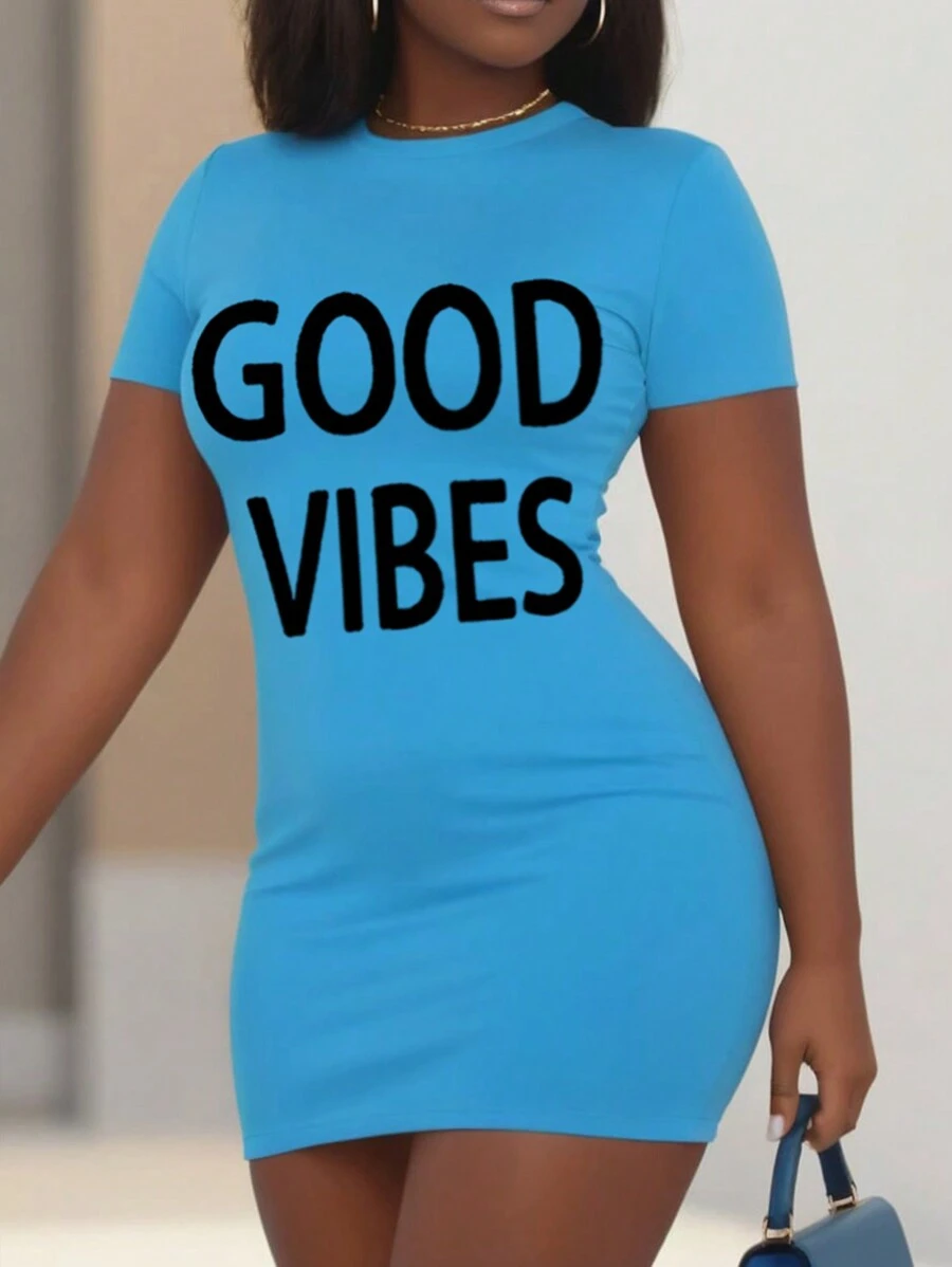 SHEIN LUNE Đầm Bodycon tay ngắn cỡ lớn có in chữ cho mùa hè - Màu xanh lam - Xem 1