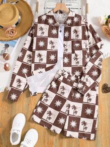 Teen Girl Vacation Printed Long Sleeve Shirt And Shorts Two-Piece Set - Brown - View 1