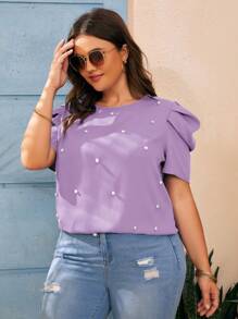 SHEIN Clasi Plus Size Women Fashionable Round Neck Pearl Design Shirt, Versatile - Mauve Purple - View 4