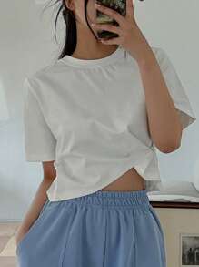 DAZY Solid Color Loose Pleated Short Sleeve T-Shirt - White - View 1