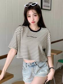 DAZY Kaos Pendek Bergaris Kasual Wanita untuk Musim Panas, Atasan yang Lucu - Hitam dan Putih - View 8