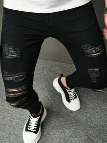 Manfinity Roughcore Men Black Streetwear Ripped Slim Fit Jeans,Summer Holiday Casual Frayed Long Cargo Pants,Stylish Daily Wear Street Party Gifts For Husband Boyfriend - Black - View 8
