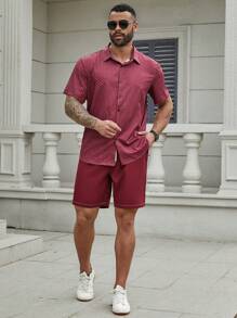 Manfinity Homme Men Plus Size All-Over Print Short Sleeve Shirt And Shorts Set, Summer - Burgundy - View 3