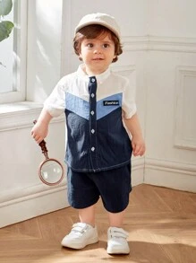 SHEIN Baby Boy Baby Girl Decorative Woven Label Contrast Color Short Sleeve Open-Front Top With Solid Color Shorts 2pcs Set - Blue - View 9