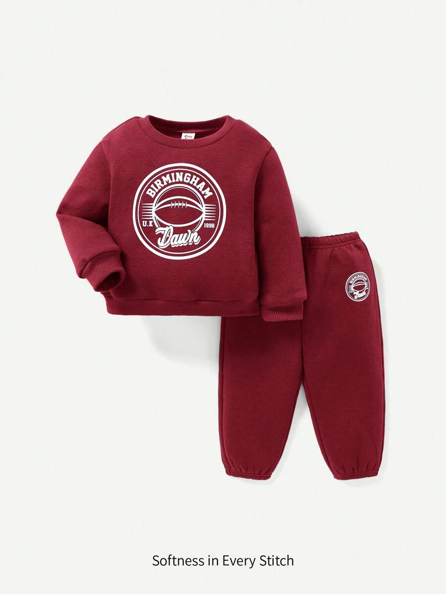 Cozy Pixies Baby Boys' Letter Print Round Neck Drop Shoulder Sweatshirt And Pants Two Piece Set - Burgundy - View 1