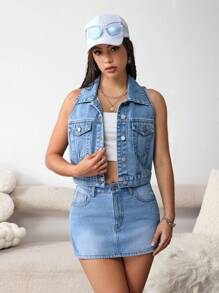 SHEIN EZwear Damska kamizelka dżinsowa na co dzień zapinana na guziki - Średni jeans - Zobacz 6